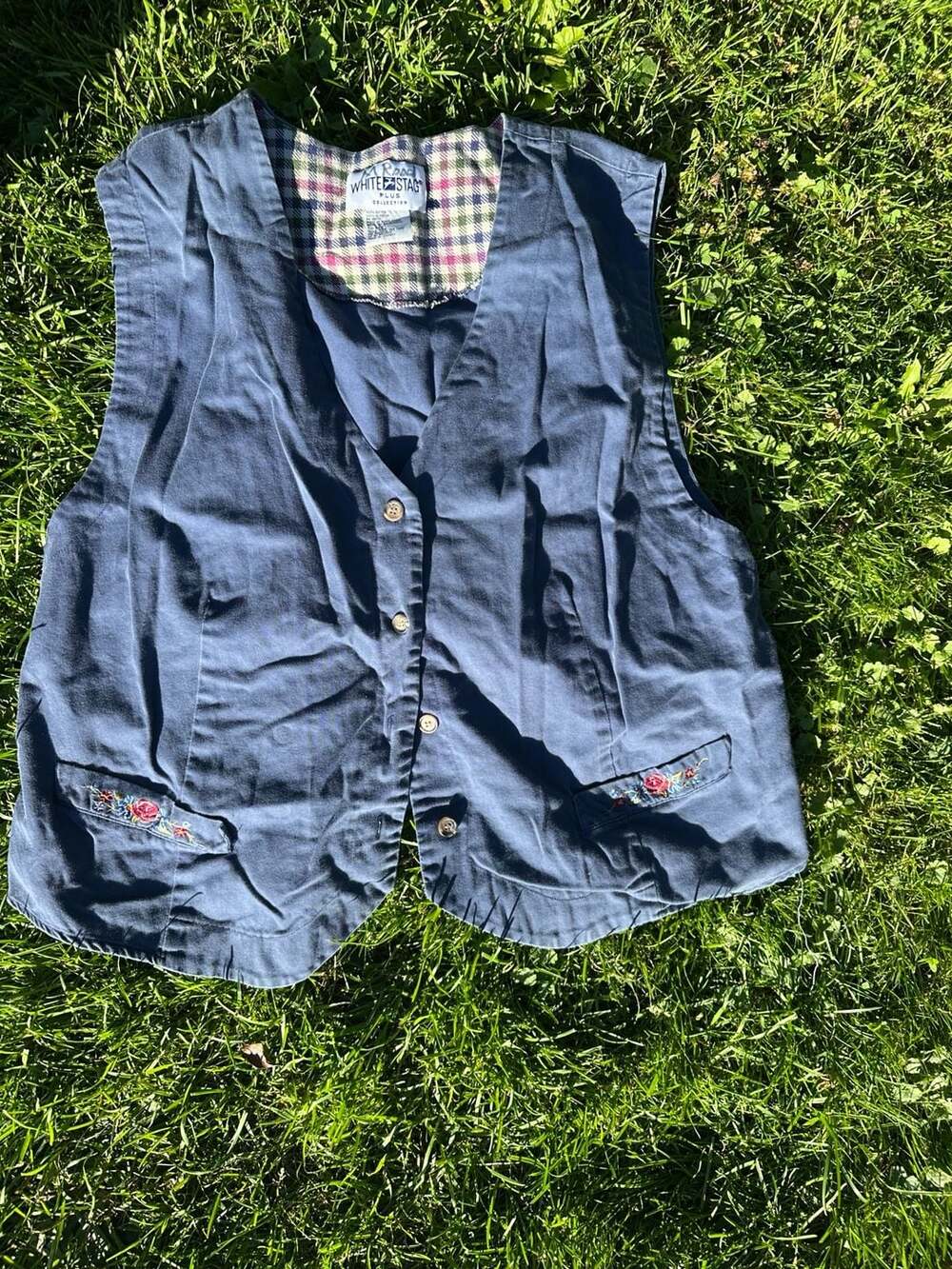 White Stag Plus Collection Blue Cotton Plaid Lined Embroidered Floral Vest 22W